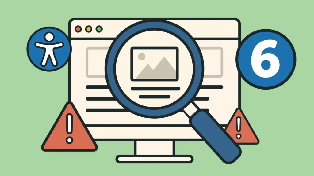 Illustration eines Computerbildschirms mit Lupe, Warnsymbolen, Barrierefreiheits-Icon und einer Zahl 6 als Hinweis auf die Prüfung von Webinhalten auf Barrierefreiheit.