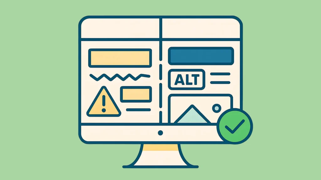 Illustration eines Computerbildschirms mit einer Website-Prüfung: Zu sehen sind Inhaltsblöcke, ein Warnsymbol, ein „ALT“-Hinweis für Alternativtexte und ein grünes Häkchen.