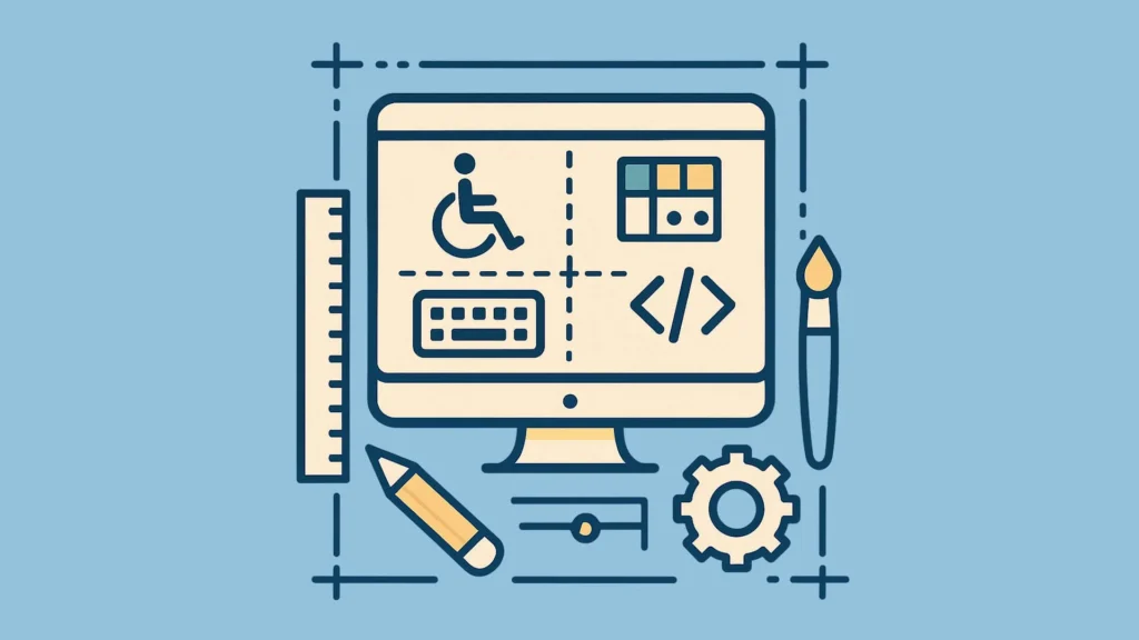 llustration eines Bildschirms mit Symbolen für Barrierefreiheit, Tastaturbedienung, Code und Gestaltung, umgeben von Werkzeugen für Design und technische Umsetzung.