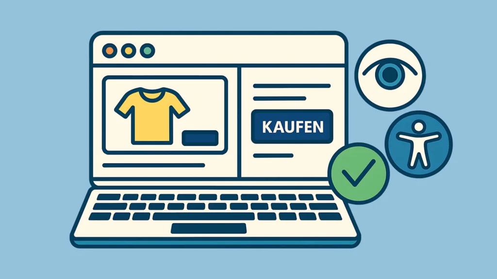Illustration eines Laptops mit einer Produktseite, einem Kaufen-Button sowie Symbolen für Sichtbarkeit, Barrierefreiheit und erfolgreiche Prüfung.