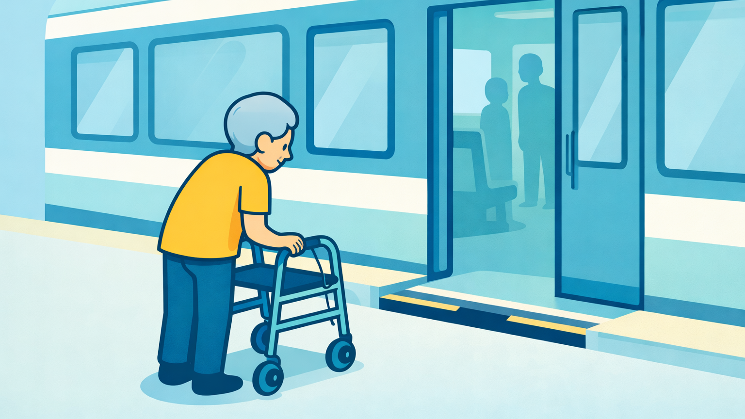 Illustration einer älteren Person mit Rollator, die an einer Bahnstation vor einem Zug mit geöffneter Tür steht und vor dem Einstieg eine Lücke zwischen Bahnsteig und Zug überwinden muss.