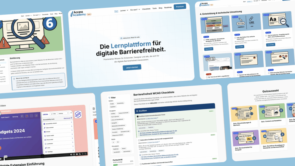 Collage verschiedener Screenshots der AccessAcademy: zu sehen sind die Startseite der Lernplattform, Kurs- und Artikelseiten, eine WCAG-Checkliste sowie Quizkarten rund um digitale Barrierefreiheit.