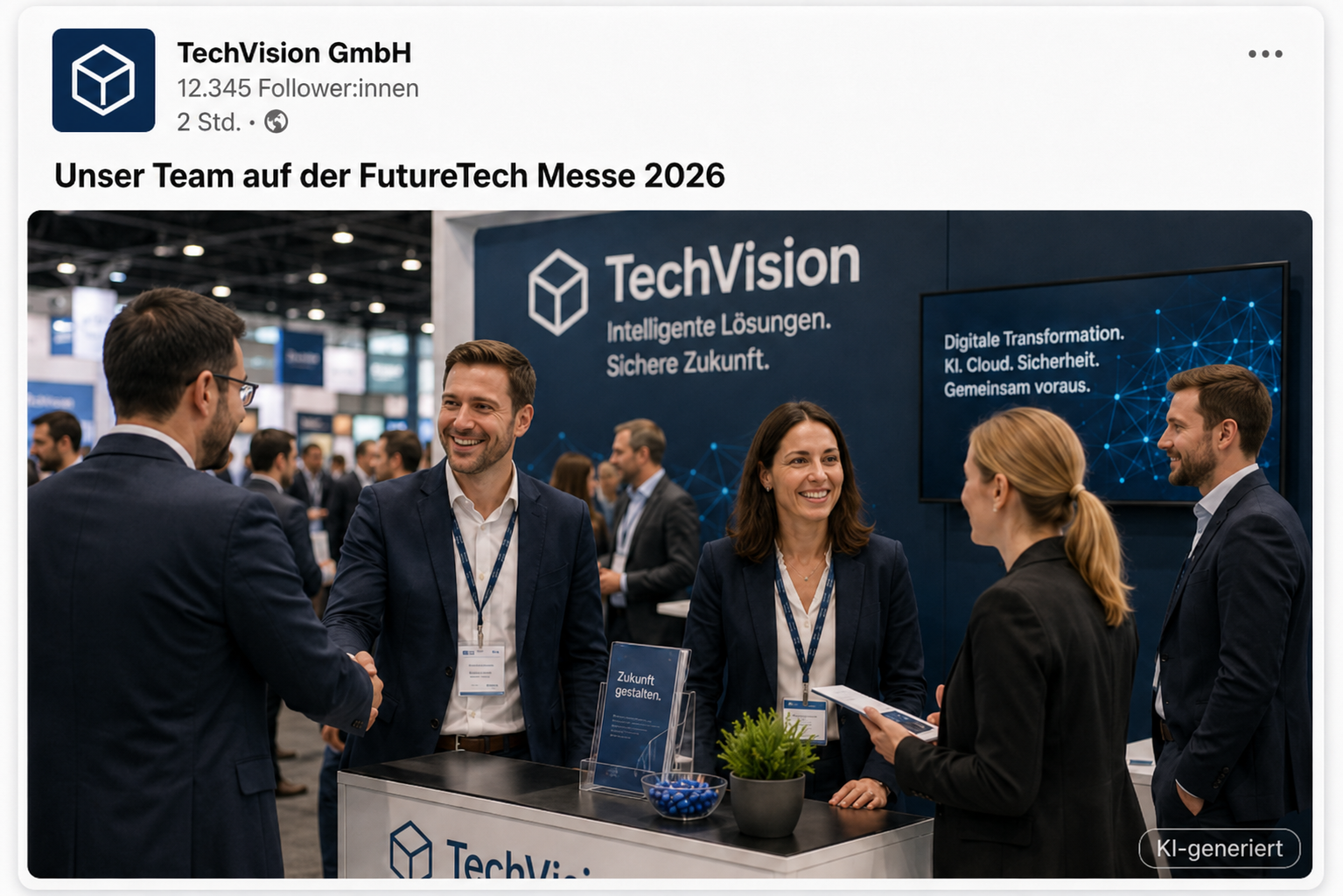 Ein fiktiver LinkedIn-Beitrag zeigt mehrere Mitarbeitende und Besucher im Gespräch am Messestand der TechVision GmbH auf der FutureTech Messe 2026. Unten rechts befindet sich der Hinweis „KI-generiert“.