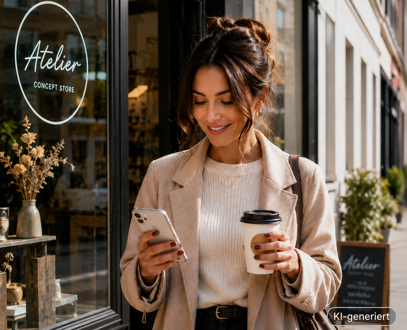 Eine Frau steht vor einem Concept Store, blickt auf ihr Smartphone und hält einen Kaffeebecher in der Hand. Unten rechts befindet sich der Hinweis „KI-generiert“.