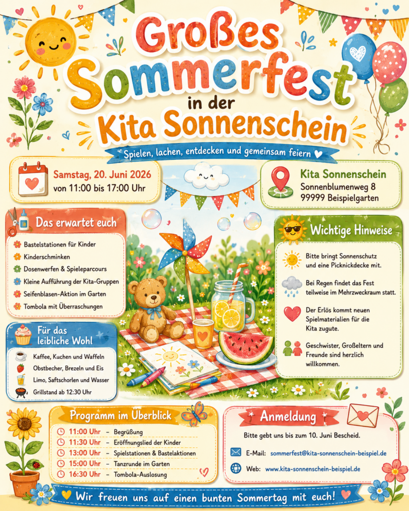 Bunt gestaltetes Plakat zum großen Sommerfest der Kita Sonnenschein am 20. Juni 2026 mit Programm, Aktivitäten, Verpflegung und Anmeldeinformationen.