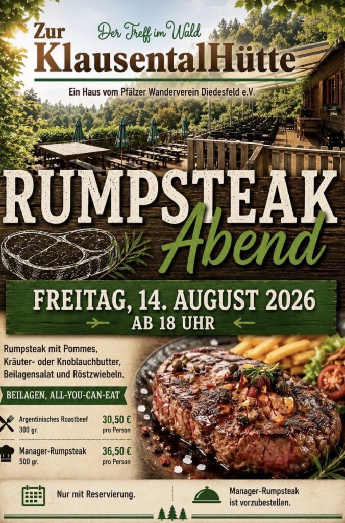 Plakat zum Rumpsteak-Abend imit Foto eines Rumpsteaks, Veranstaltungszeit sowie Menü- und Preisangaben.