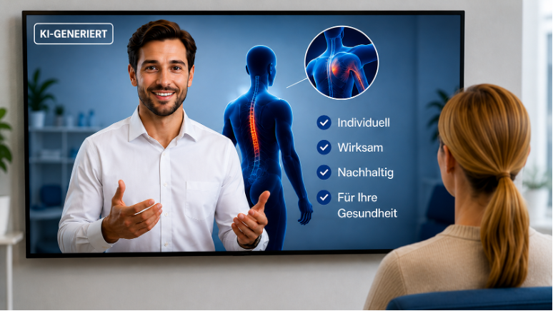 Eine Frau betrachtet einen großen Bildschirm, auf dem ein virtueller Gesundheitsberater zu sehen ist. Daneben werden eine Wirbelsäule, eine Schulterregion sowie Hinweise zu einer individuellen und nachhaltigen Gesundheitslösung dargestellt. Oben links befindet sich die Kennzeichnung „KI-generiert“.